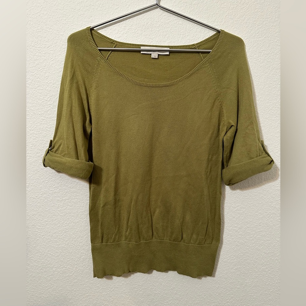 EUC ANN TAYLOR LOFT Olive Green Scoop Neck Pima Cotton Knit Sweater